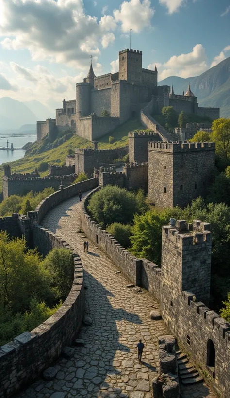 A bustling Medieval era fortified island village surrounded by defensive stone walls. It has a fortified port and harbor as well