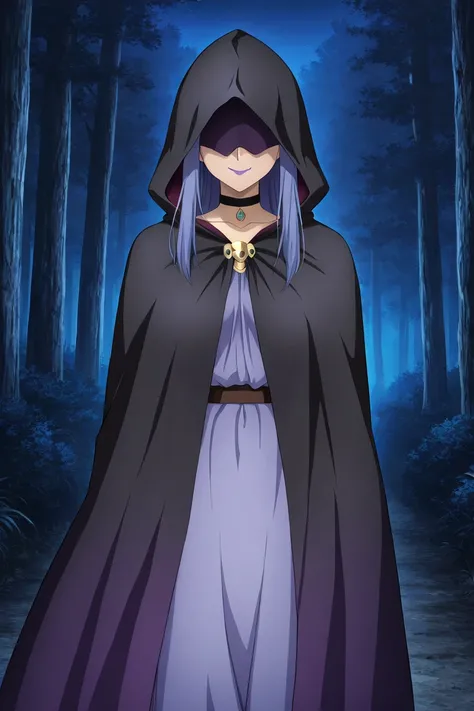 high resolution, masterpiece, necessary, detail, best quality, quality, necessary, details, High details, Precise, 
 
1girl_ ufotable style, ufotable anime, 

medea (fate), blue hair, purple lips, long hair, covered eyes, black choker, hooded cloak, hood u...