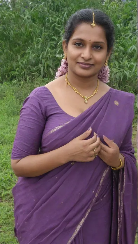 Shyamala, big messy hairbun, thick, plus size, matured 50 yo aunty, village, mid 40s, giant size body, milf, dark skin, curvy, light purple cotton saree, off shoulder, full sleeves, lake, thick, 45 yo, wide body, downblouse, bending shoulders, bending to s...