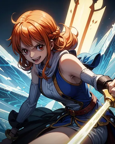 (最高 Masterpiece,  top quality, 4K, 8k,  high resolution, Masterpiece:1.2), Nami in One Piece,smile,( paladin),Miracle,Power Spot, fantastic world,white light spot,(Holy Sword), She's on an adventure to defeat the Demon King,He is a master of swordsmanship,...