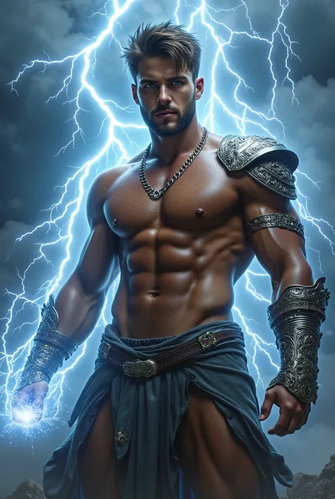 attractive European Man, ericjanicki, Handsome, blue coloured eyes, short brunette hair, 30 years old, beard, Shirtless, Wearing a small thread loincloth, covered with a small armor, as god of lightning, charging his powers