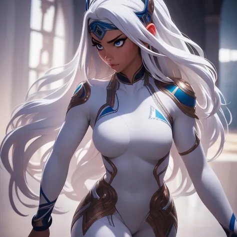 hyper realistic 4K, 8K, ultra realistic high resolution, masterpiece, detailed, nsfw, solo, young beautiful Atlantis woman, curvy, tan skin, grey eyes, white hair, silver headband, tribal face tattoo blue, bodysuit white with blue trim, walking sexy, nippl...