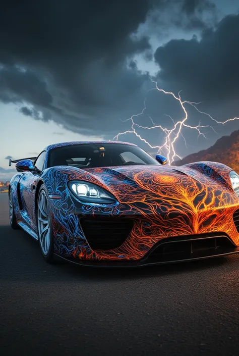 Elemental powered Porsche with integrated elemental designs showcasing fire,water,earth and lightning 