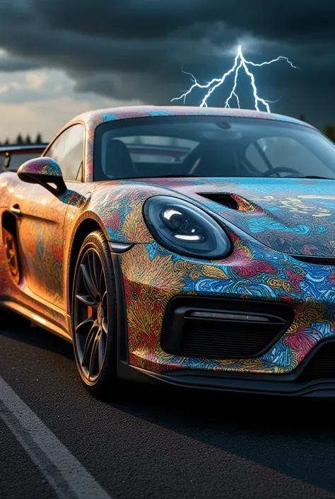 Elemental powered Porsche with integrated elemental designs showcasing fire,water,earth and lightning 