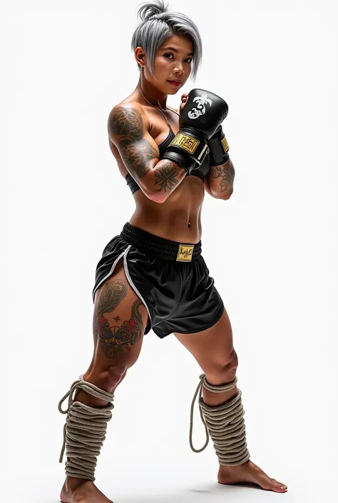 ((Masterpiece, High Quality, 8K, UHD, Hyper Realistic, Sharp Focus)), Female Muay Thai warrior. Full body portrait of a muscular Malay Muay Thai woman, ((the both arm, hand and the both leg of the body full of tattoo)), perfect muscular and beauty body, wi...