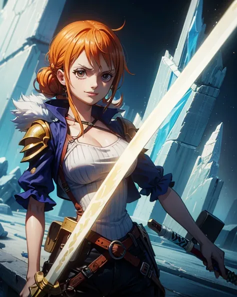 (最高 Masterpiece,  top quality, 4K, 8k,  high resolution, Masterpiece:1.2), Nami in One Piece,smile,( paladin),Miracle,Power Spot, fantastic world, White Light Spot,(Holy Sword), She's on an adventure to defeat the Demon King,He is a master of swordsmanship...