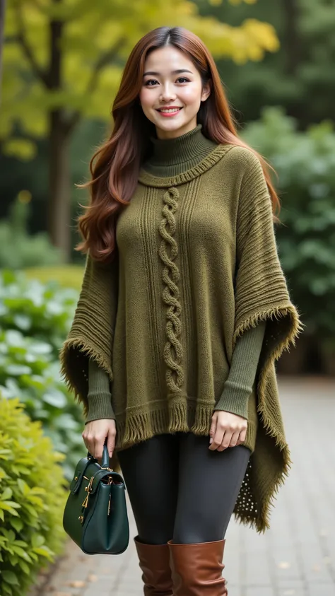 8k, masterpiece, highest quality, Korea's Beautiful Women, light brown hair, smiling, olive-green poncho, cable-knit, fringe, dark leggings, brown boots, dark green leather handbag, lush green background, trees, foliage, outdoor setting, natural lighting.