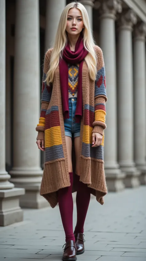 8k, masterpiece, highest quality, Korea's Beautiful Women, Eye-level, blonde, fair-skinned, long hair, long brown cardigan, textured, knitted, woven, red, blue, yellow, patches, maroon scarf, maroon tights, leggings, dark brown oxfords, loafers, relaxed, a...