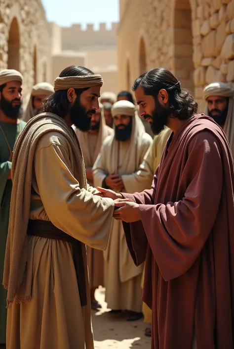 2. Jesus Healing the Blind Man

A realistic scene in an ancient Jewish village, with Jesus gently healing a blind man. The man is dressed in a simple tunic and head covering, and the villagers around them wear traditional Jewish robes, tunics, and shawls. ...