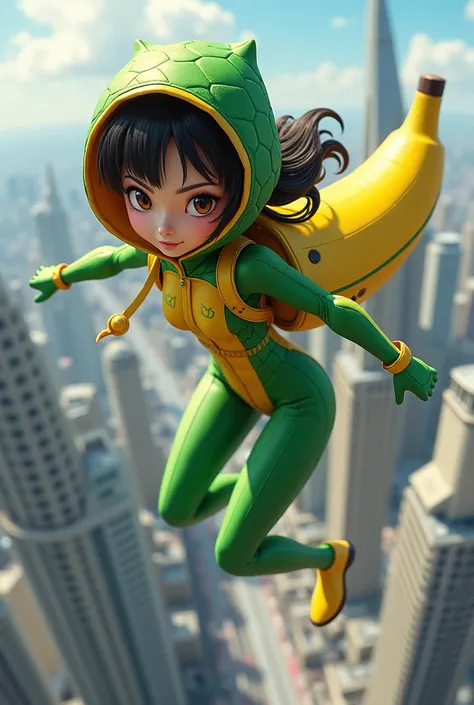 Character design of teenage asian girl wear snake superhero suit and flying around city with banana jetpack at her back in side view perspective 