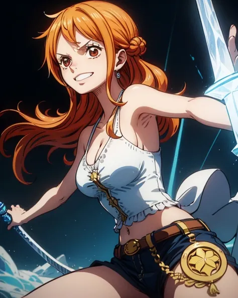 (最高 Masterpiece,  top quality, 4K, 8k,  high resolution, Masterpiece:1.2), Nami in One Piece,smile,( paladin),Miracle,Power Spot, fantastic world, White Light Spot,(Holy Sword), She's on an adventure to defeat the Demon King,He is a master of swordsmanship...