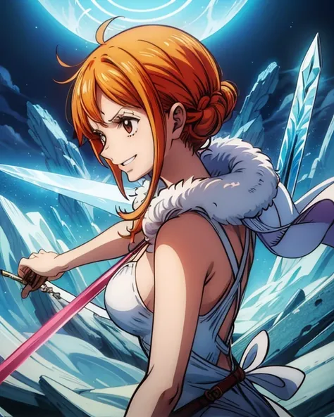 (最高 Masterpiece,  top quality, 4K, 8k,  high resolution, Masterpiece:1.2), Nami in One Piece,smile,( paladin),Miracle,Power Spot, fantastic world, White Light Spot,(Holy Sword), She's on an adventure to defeat the Demon King,He is a master of swordsmanship...