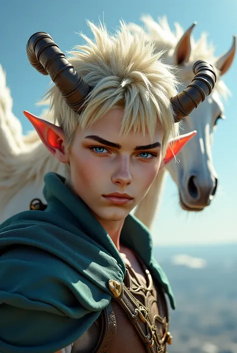  An elven man with light ram's horns ,  of shoulder-length blond hair and intense blue eyes . His face, attractive but with an angry expression ,  Look directly at the camera .  His gaze reflects an unwavering intensity and determination . In the backgroun...