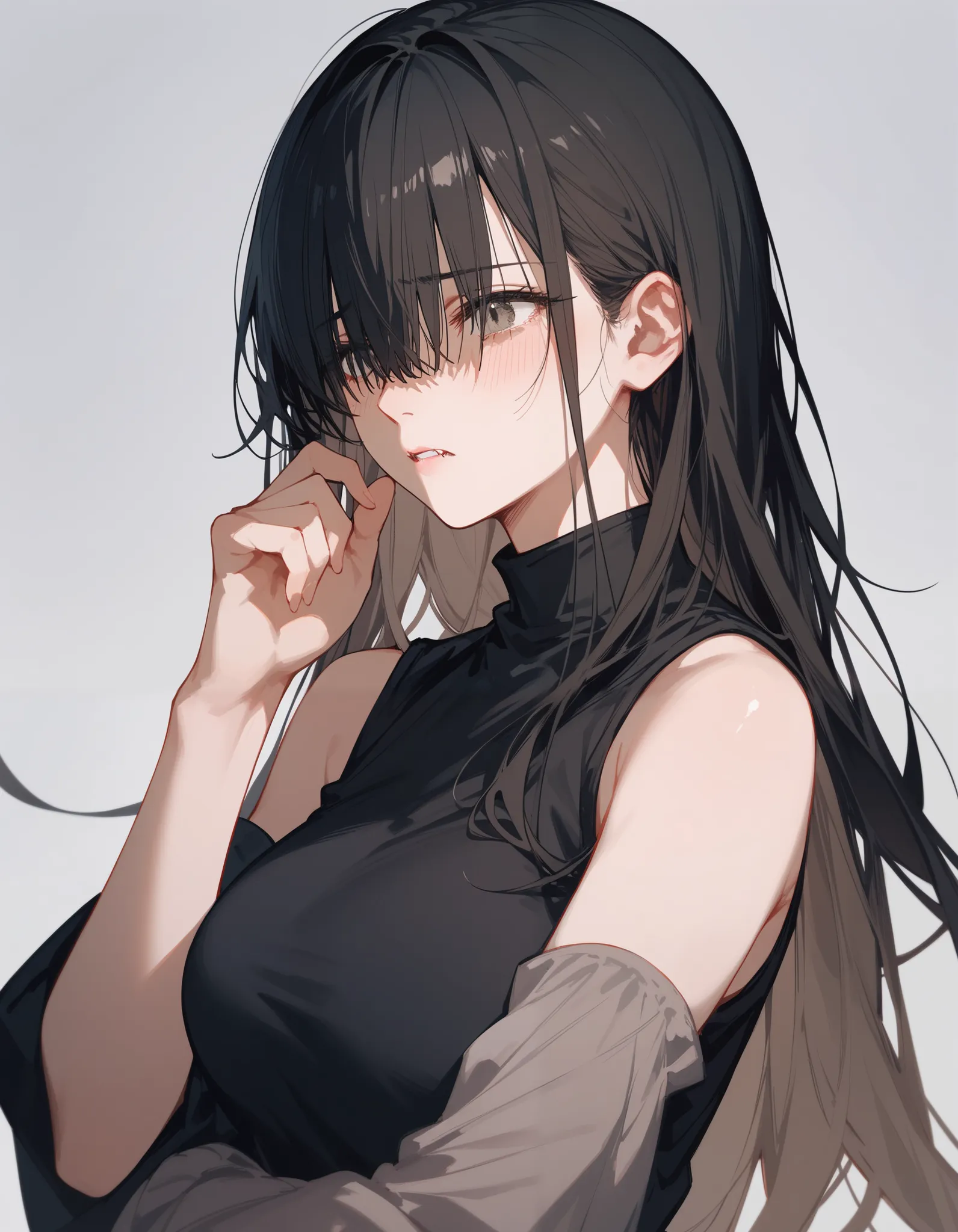 alone,girl,Black hair with gray , in light brown eyes ,Bangs,hair over right eyes, black t-shirt , sleeveless sleeves ,thin,Long hair,Sleeveless sleeveless black miniskirt,numb ,thinบาง,Long sleeve shirt,Vampire,,milf, sleeveless sleeves ,afraid,Tense, at ...