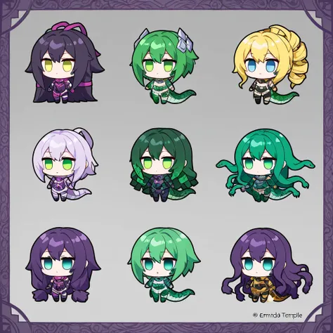 ( chibi), Medusa's variant,
 mysterious in another dimension,  beautiful but terrifying Medusa ,  emerald green scales , Shining eyes, The snake with the hair moves , Marble Temple