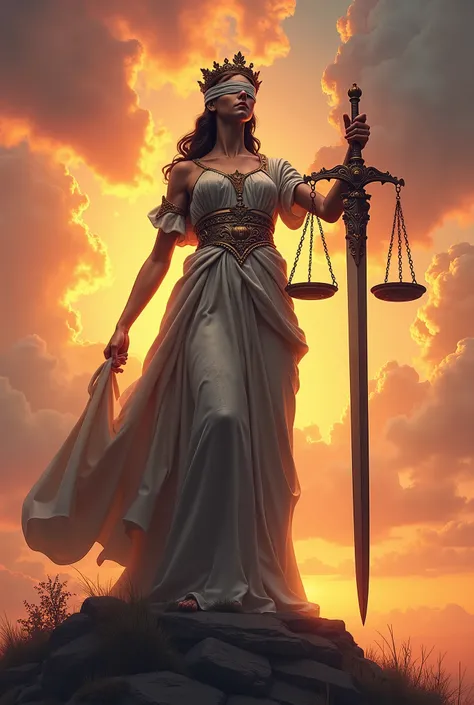 CREATE THE LADY OF JUSTICE WITH THE SUNSET AND BLINDFOLDED EYES AND A SWORD AND SCALES