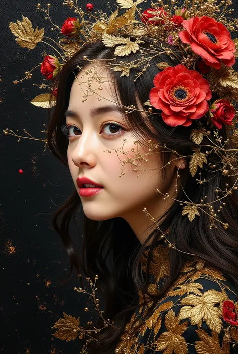 Realism painting、profile、 bust shot、Superb technique、Luscious and Bewitching 、William Bouguereau and Gustav Klimt's tastes、Gold leaf art, Darkness、 Unity 8K Wallpaper,  Super Detail,  beautiful and aesthetic , Masterpiece,  top quality, , ( abstract backgr...