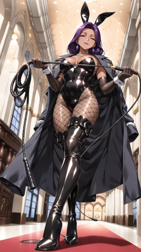  1 mature beautiful woman ,( Fusion of Bunny Girl and Female Executive of an Evil Organization ),( Shiny Black Latex Bunny Dress:1.3,Bunny ears, bodystocking,Military cloak, LONG GLOVES, leather chokers , fishnet, Leather Thigh High Boots , high heels, Lux...