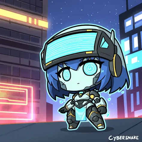 ( chibi), Cybersnake Hacker,
Futuristic,  snake woman with part of her body mechanized ,  scales with digital light flowing through it ,  blue hologram eyes , Night view of a neon city 