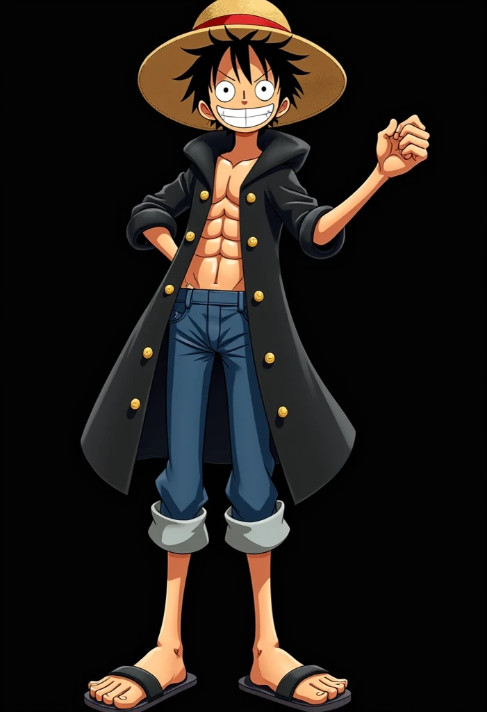 Monkey D Luffy, straw hat, tan skin, super long black hair, huge toothy cartoon smile, black coat with giant hood, blue baggy pants, strong pecs, strong abs, black dirty shoes, long skinny arms, skinny legs