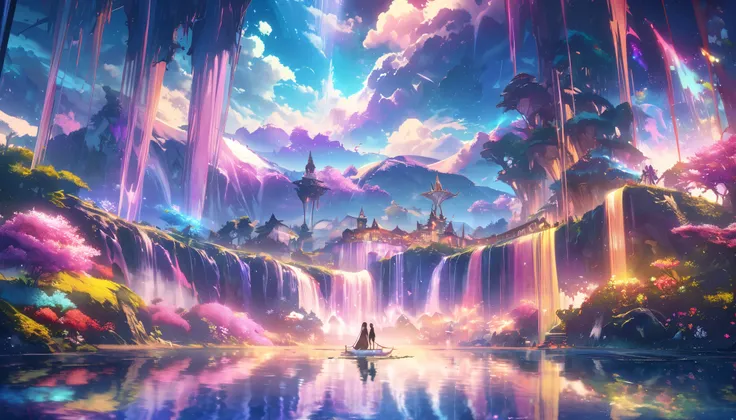 Garden of Eden, colorful, dreamy scenery , cloud, light piercing through the cloud, Multiple beautiful waterfalls,Water surface reflection, Serene waterfall,flower々, quiet atmosphere, Richness in details,  Surreal Beauty ,  magical aura,  Fantasy Scenery ,...