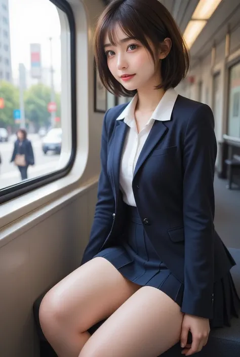 A hyper-realistic, photorealistic depiction of a Japanese high school girl loosely sitting on a train seat. She is wearing a traditional school uniform, including a navy-blue blazer, white shirt, too short pleated skirt, neatly tied red thick ribbon or bow...