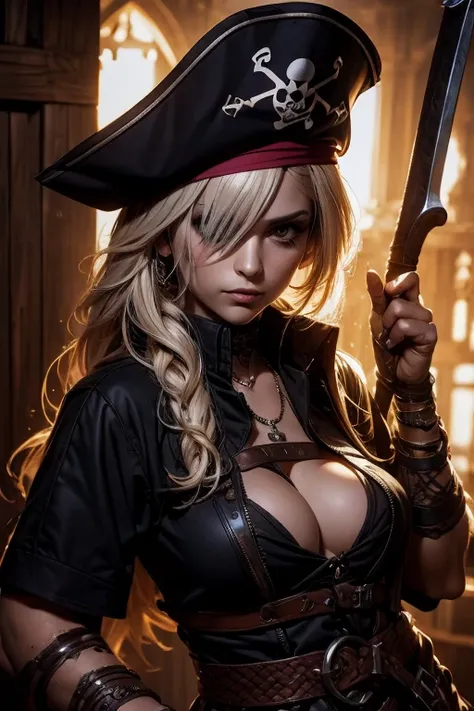 best quality, high-resolution, pirate woman, eyepatch left, gothic, pirate hat, wooden-ship, holding-swords, shirt-open, large-breasts, portrait, face-focused,