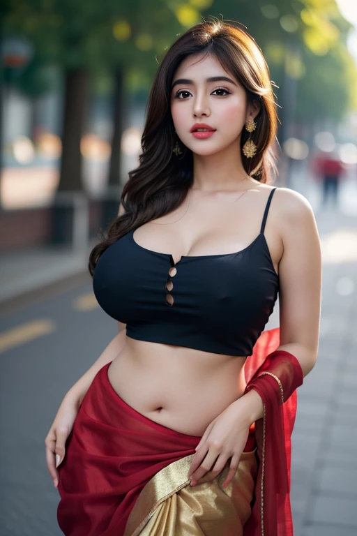 ((desi girl))), chubby face, natural skin, wearing red saree and blue blouse, black hair, ((hair ends are brown )), greenary village background, bokeh , big breasts big waist young sensual actress model big cheeks big chubby cheeks, belly button showing hu...