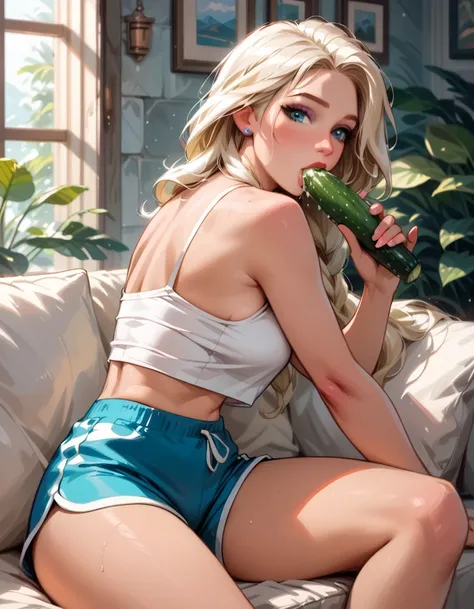 score_9, score_8_ upwards, score_7_ upwards, score_6_ upwards,  feature film frame ,  1girl, mature elsa  ( blonde, hair:1.1), (sexy tight dolphin shorts, blue:1.3), ( loose _cropped_summit, white:1.4), sideboob,  relaxing on a large comfy sofa,  lovely li...