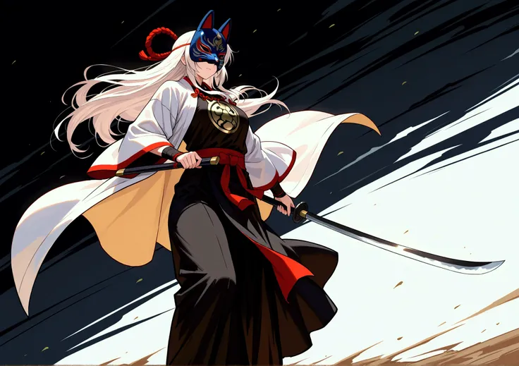 masterpiece, black and white style, only use two-color abstract painting in black and white, a monk warrior in simplified robes, wearing a Yasha mask, holding a very large Naginata, He's swinging down his naginata,from minimalist