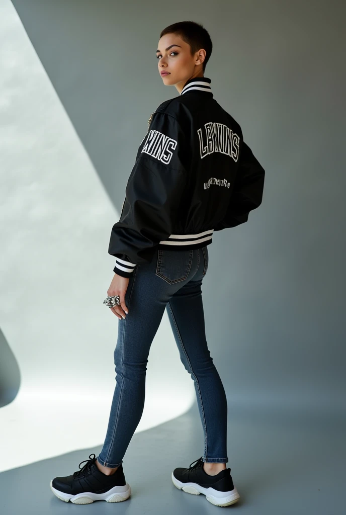 A full-body photo of a fashion editorial featuring a slender Slavic woman with short hair. She is dressed in a stylish black bomber jacket with contrasting white trim and metallic zippers. The bomber is adorned with an embroidered bright design featuring t...