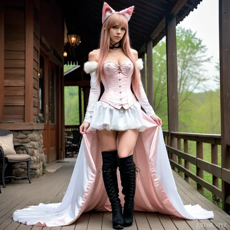  1 girl,  slim ,  pink straight long hair, zopf , Cat ears,  masterpiece ,  anatomically correct  , UHD,  Super detailed , further away , knee-high boots, long arm warmers , wedding dress corset ,  realistic  , hut,,  small breasts,  View creator; 
