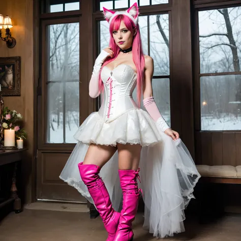  1 girl,  slim ,  pink straight long hair, zopf , Cat ears,  masterpiece ,  anatomically correct  , UHD,  Super detailed , further away , knee-high boots, long arm warmers , wedding dress corset ,  realistic  , hut,,  small breasts,  View creator; 
