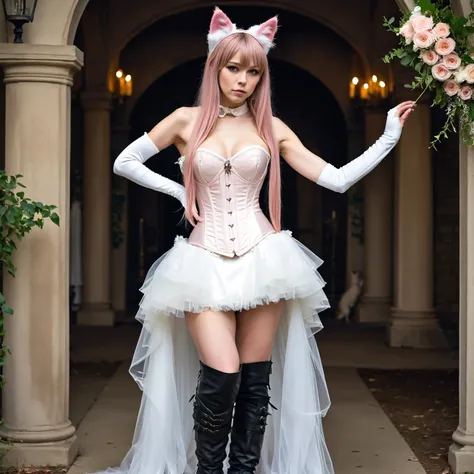  1 girl,  slim ,  pink straight long hair, zopf , Cat ears,  masterpiece ,  anatomically correct  , UHD,  Super detailed , further away , knee-high boots, long arm warmers , wedding dress corset ,  realistic  , hut,,  small breasts,  View creator; 
