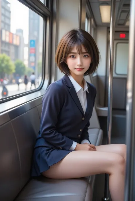 A hyper-realistic, photorealistic depiction of a Japanese high school girl loosely sitting on a train seat. She is wearing a traditional school uniform, including a navy-blue blazer, white shirt, too short pleated skirt, neatly tied big red ribbon or bow. ...