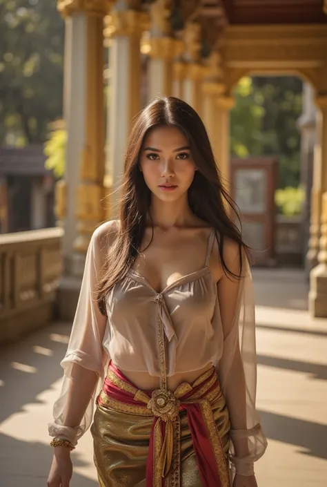 beautiful girl ,Thailand Female Warior, walking at thai temple, dynamic poses, chut thai dress, strapless shirt, long hair,black eyes,abdominal muscles, plumpy body, rounded breast, (big breast:1.3), cleavage, Morning sunshine, Eyes on the audience, (sexy ...