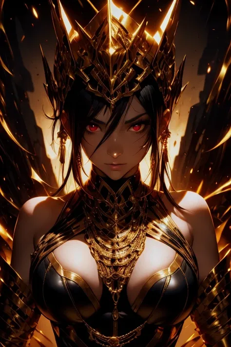 confident woman with red skin standing alone, portrait, red eyes, exuding strength and beauty, captivating, black with gold trim leather, large breasts, black nipples, black with gold trim headband, dungeon, facing front, close up,