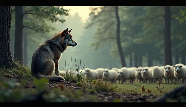 Scene 7: The Wolf Sitting Beside the Sheep
Back in the forest, the wolf sits calmly beside the flock of sheep, watching over them as if guarding them.
The sheep graze peacefully, unaware of the wolf’s usual predatory nature.
The wolf looks composed, as tho...