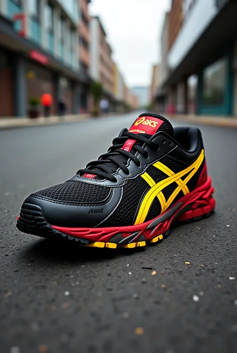 Make an Asics Gel Kayano shoe in the colors black, yellow and red