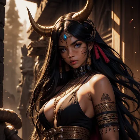 score_9, score_8_up, score_7_up,
KRKNK, solo, 1girl, full body, beautiful, tiefling shaman, black hair, (long hair:1.3), side bangs, bandana with 2-horns, barbarian, gladiator, war paint, tribal markings, long tail, blue skin, red lips, green-eyes, (smug:0...