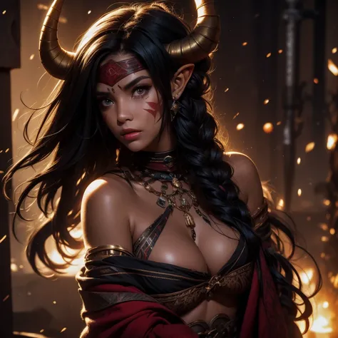 score_9, score_8_up, score_7_up,
KRKNK, solo, 1girl, full body, beautiful, tiefling shaman, black hair, (long hair:1.3), side bangs, bandana with 2-horns, barbarian, gladiator, war paint, tribal markings, long tail, blue skin, red lips, green-eyes, (smug:0...