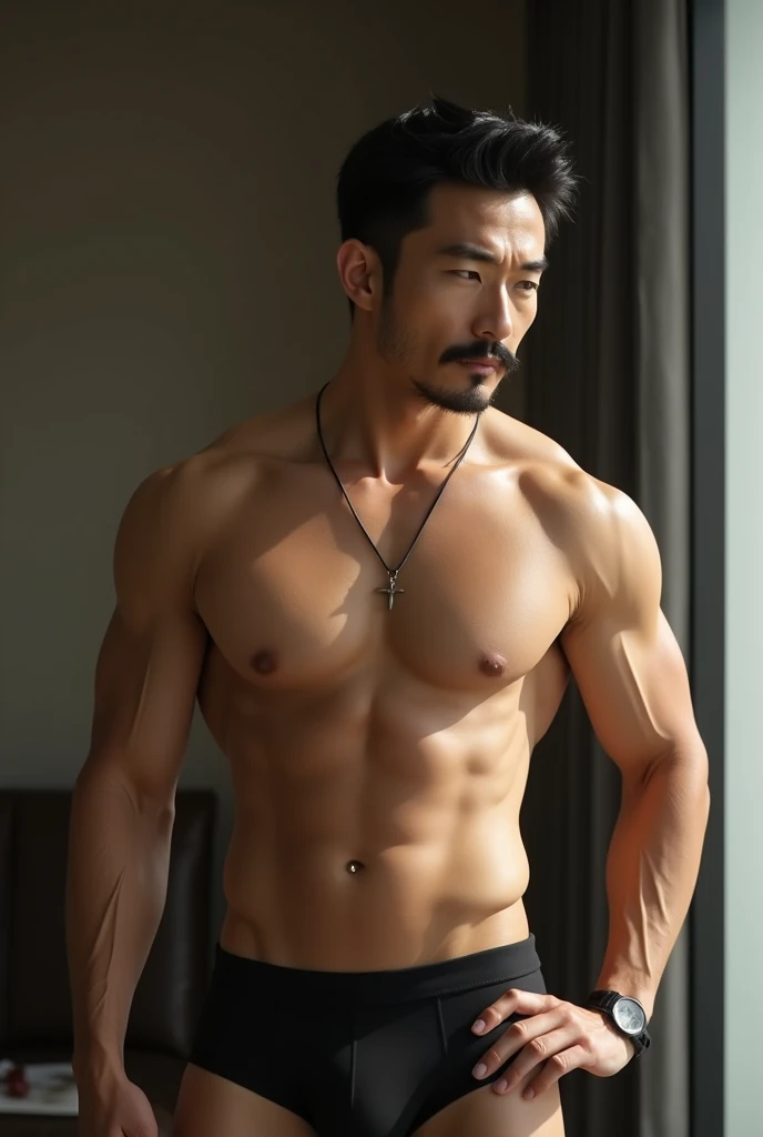 Mustache, attractive Japanese man, 40-year-old single CEO in sexy underwear