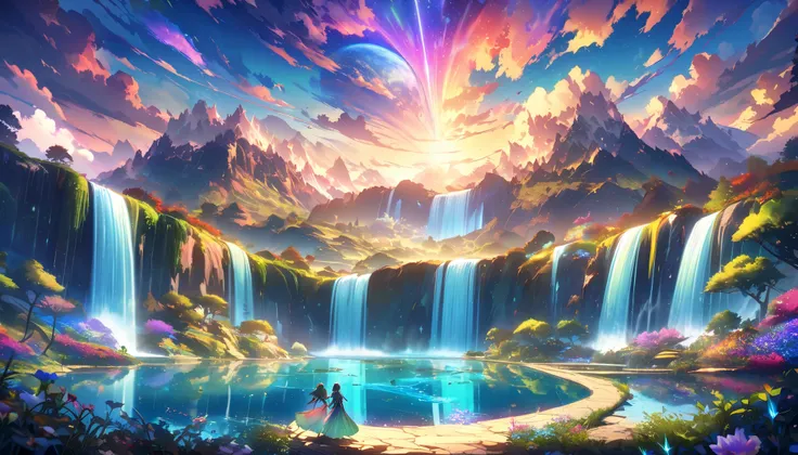 Garden of Eden, colorful, dreamy scenery ,Extremely Coloured Scenery, cloud, light piercing through the cloud,Spectacular and majestic views, shot with a fisheye lens , Can you see large planets in the sky,Multiple beautiful waterfalls,Water surface reflec...