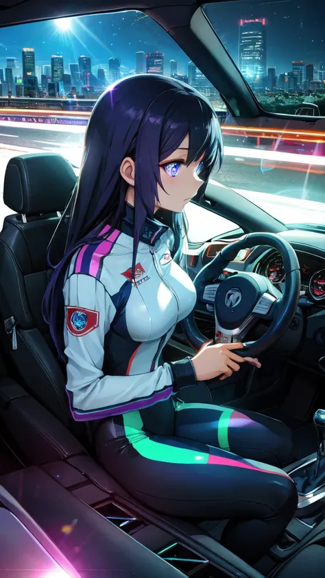 (masterpiece:1.3, best quality:1.3, ultra detailed:1.2, professional lighting:1.2, high resolution:1.2, sharp focus:1.2, 8k wallpaper:1.1)
(beautiful girl:1.3, long hair:1.2, determined expression:1.2, racing suit:1.2)
(sports car interior:1.2, steering wh...