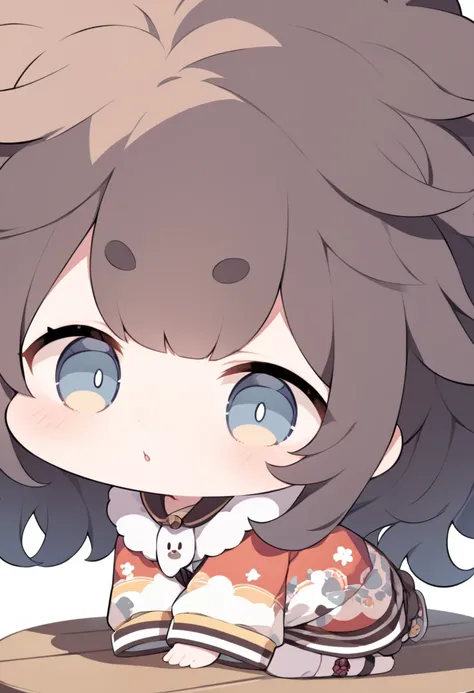 Cute chibi girl, afro hair, round eyebrows, droopy eyes, rabbit lips