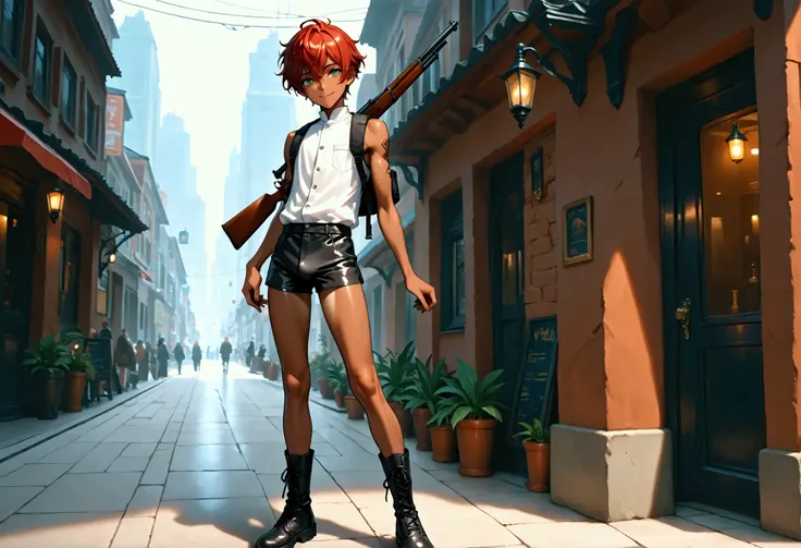 1boy, young male, skinny, dark copper tan skin, solo, red hair, short hair, white sleeveless workers jacket, black tight underwear, short pants, green eyes, rifle on the shoulder, city street, lower buildings, standing on the street, smile, masterpiece, be...