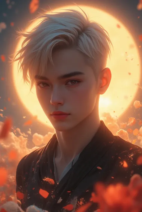 Masterpiece, best quality, 8k, highest quality, best graphic, beautiful eye, beautiful lip, beautiful background, boy in 20s, white short hair, fatal, huge sun