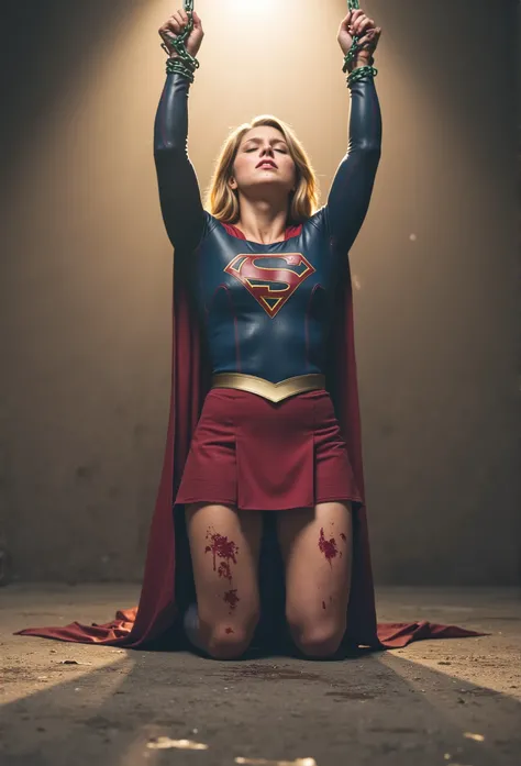 Melissa Benoist as Supergirl, the Supergirl is kneeling and her hands is hanging over her head with chain, she is hanging her wrists to the ceiling with a green lighting chain, chains tied her wrists with ceiling, she is unconscious, eyes close, She is wea...