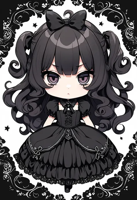 Cute chibi girl, curly hair, round eyebrows, droopy eyes, rabbit lips, serious, gothic dress