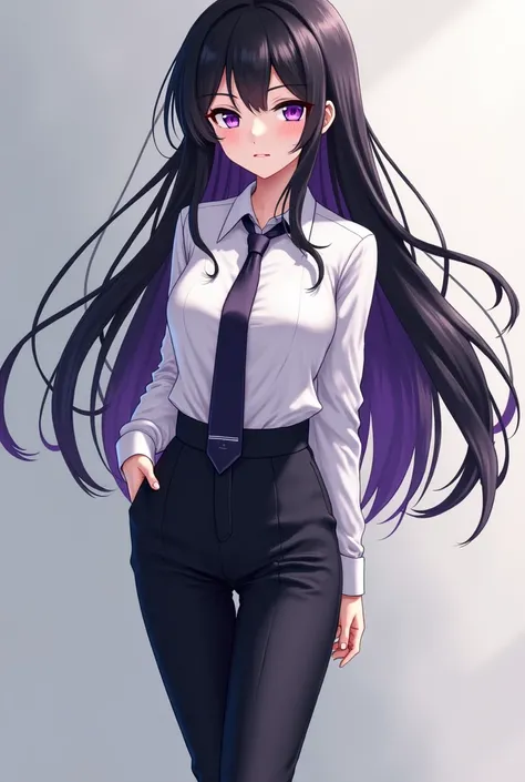  masterpiece,  better quality,  18 year old girl,  white skin , long black hair with dark purple tips ,  Dark Purple Eyes,  elegant academic shirt, elegant academic pants, ELEGANT SPORTS SHOES, Let the body be seen,  serious expression,  anime style 